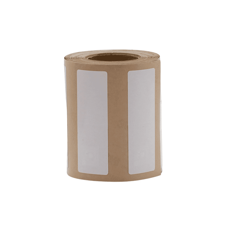CSI-360-Labels-750x750-1png - Unified Information Devices Brown label roll with two tall vertical white label panels visible on beige backing